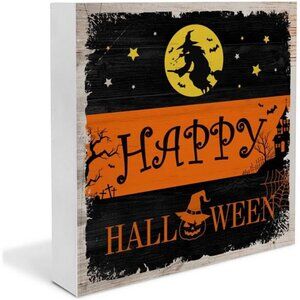 Witch Decor Halloween Wood Sign Happy Halloween Decorations Table Desk 5x5 Inch